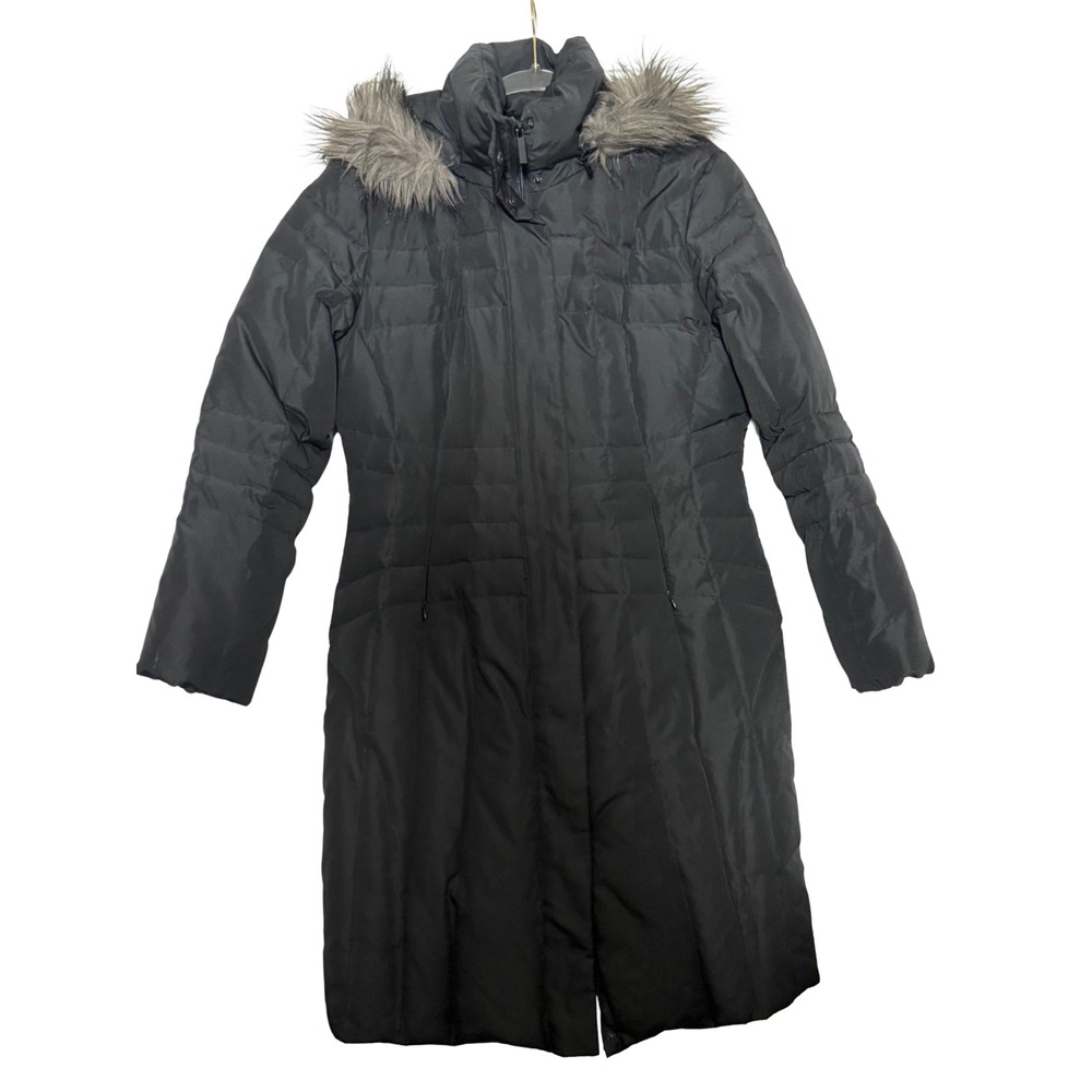 Calvin Klein Down Puffer Coat M Black Faux Fur Hood Longline Winter